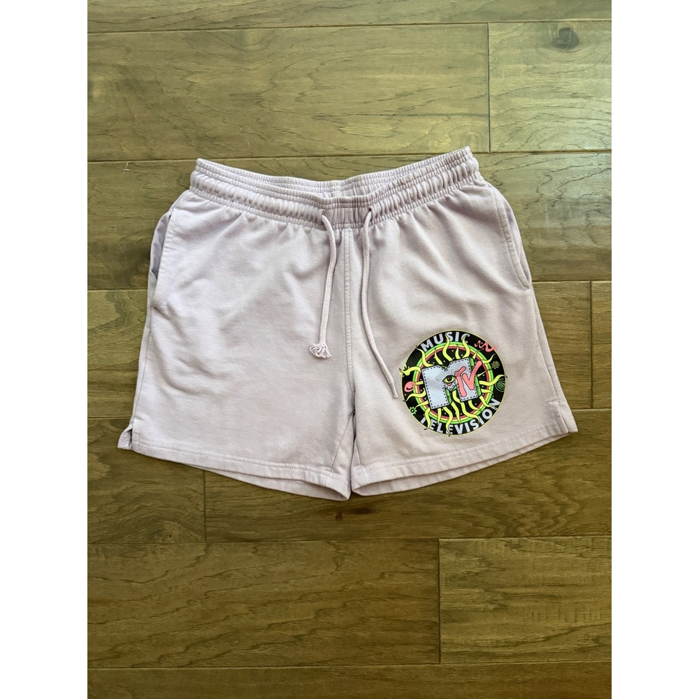 MTV Sweat Shorts Women Small Lavender Fleece Graphic Lounge Relaxed Fit Retro